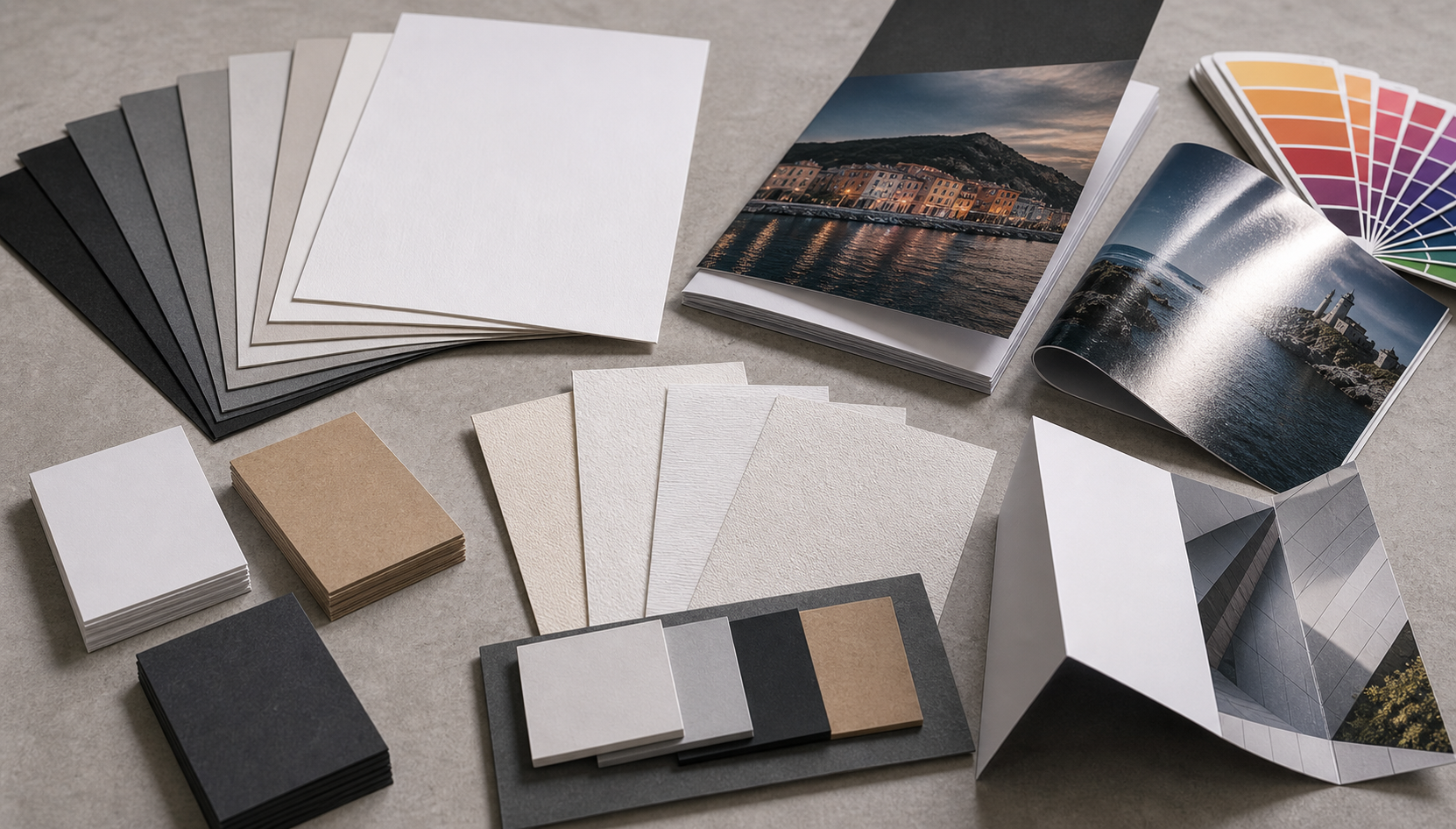 Campionario di carte e cartoncini in diverse grammature accanto a stampe fotografiche